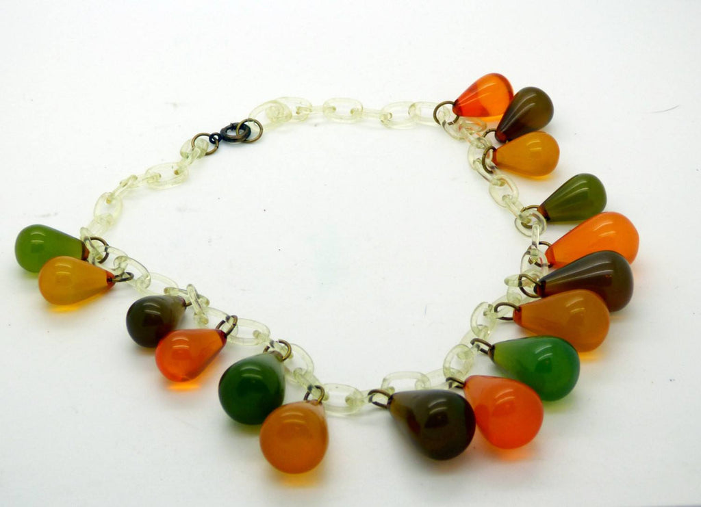 Vintage Apple Juice Teardrop Bakelite Necklace with Celluloid Chain - Vintage Lane Jewelry