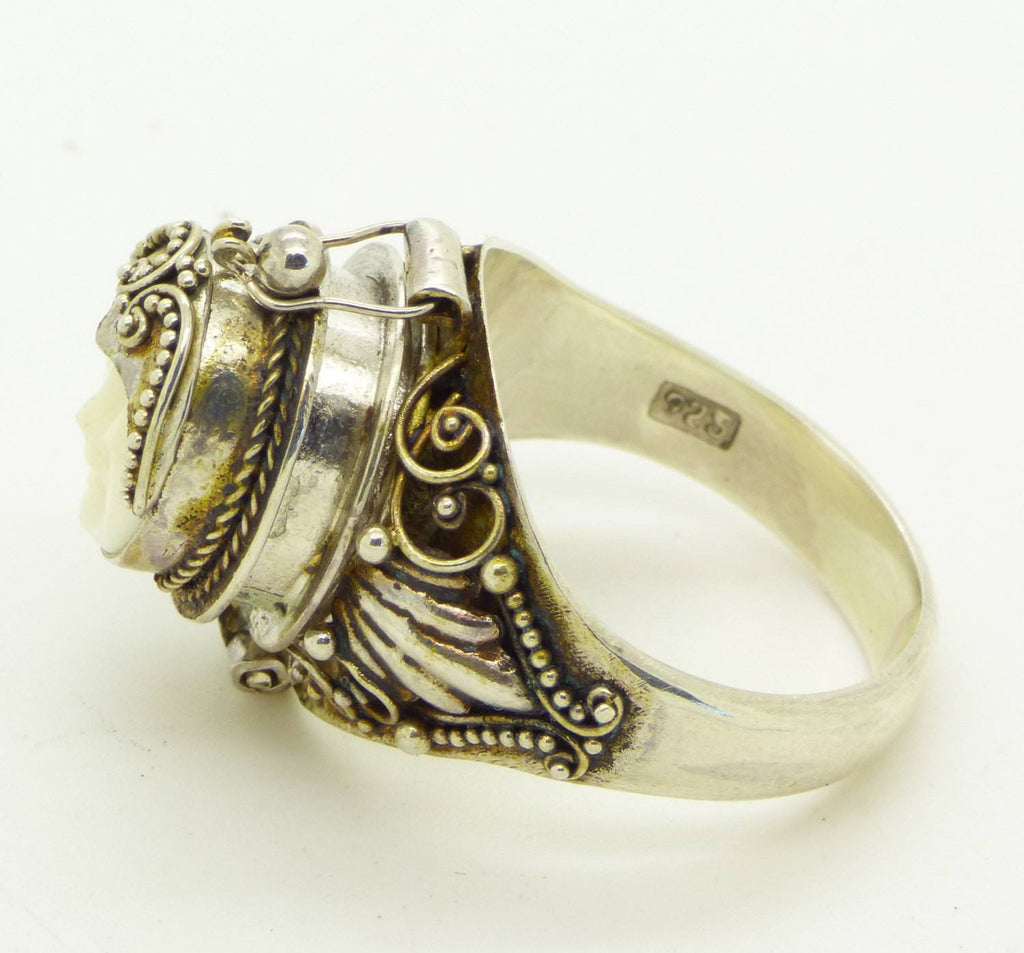 Balinese Bone Sterling Silver 925 Poison Ring, Pill Box Ring, Size 10.5 - Vintage Lane Jewelry