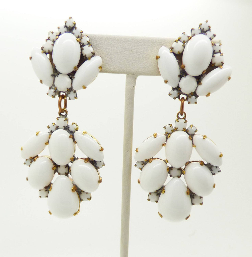 Czech Glass Opaque White Glass Stones Large Dangling Clip Earrings - Vintage Lane Jewelry