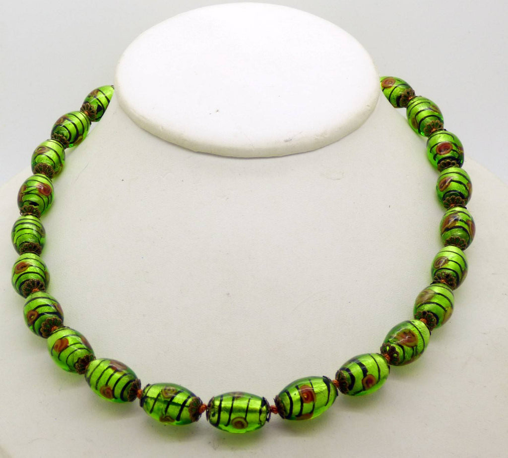 Art Glass Green Foil Flower Striped Glass Beads Necklace - Vintage Lane Jewelry