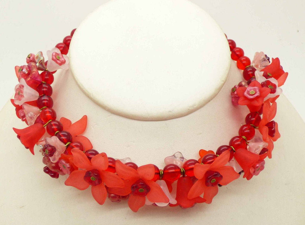 Red Lucite Flowers and Red Glass Beads Necklace - Vintage Lane Jewelry