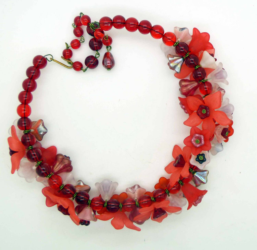 Red Lucite Flowers and Red Glass Beads Necklace - Vintage Lane Jewelry