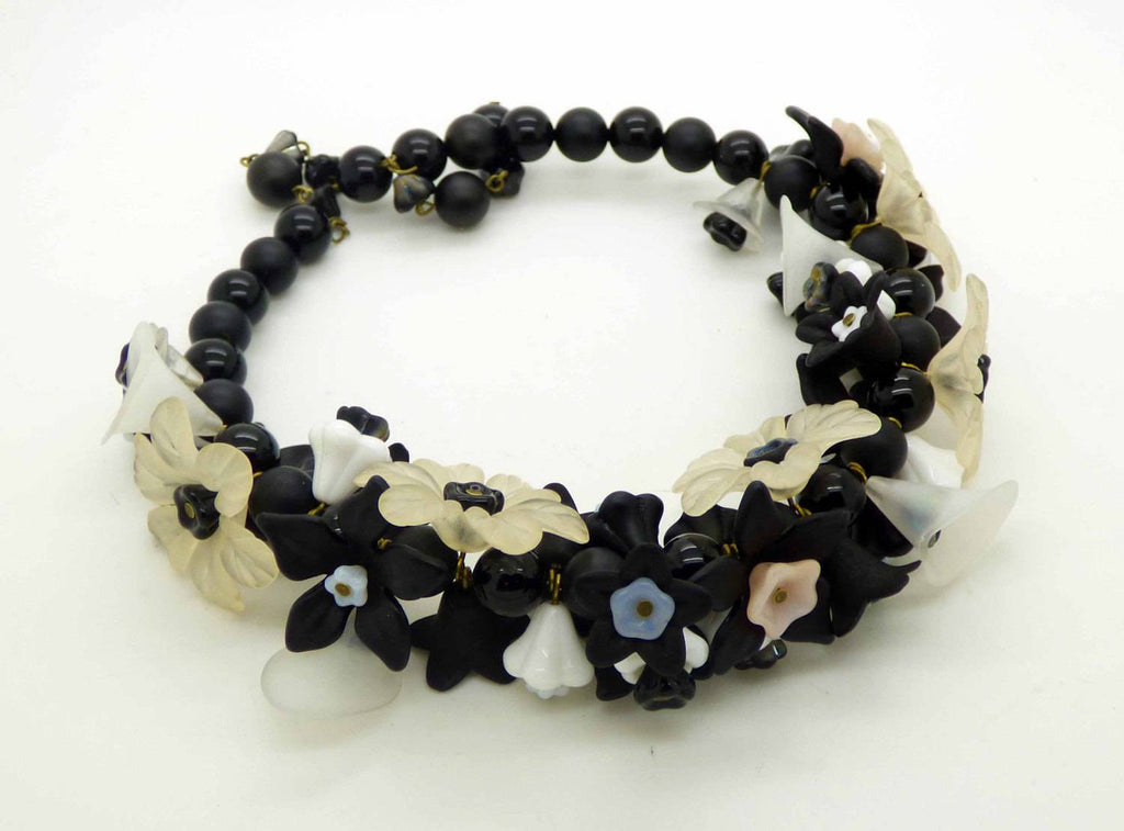 Black and Ivory Lucite Flowers and Black Glass Beads Necklace - Vintage Lane Jewelry