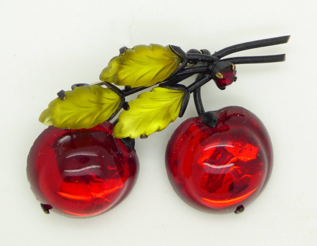 Vintage Austrian Glass Red Cherry Japanned Brooch Pin - Vintage Lane Jewelry