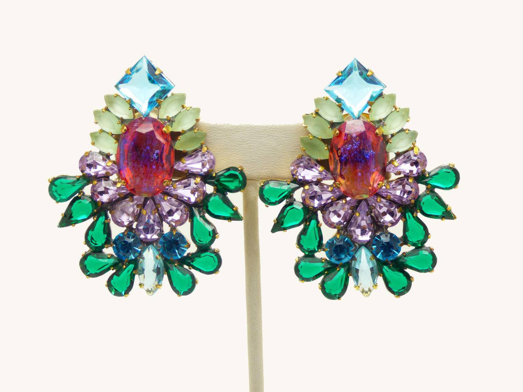Huge Czech Rhinestone Multicolored Clip Earrings - Vintage Lane Jewelry