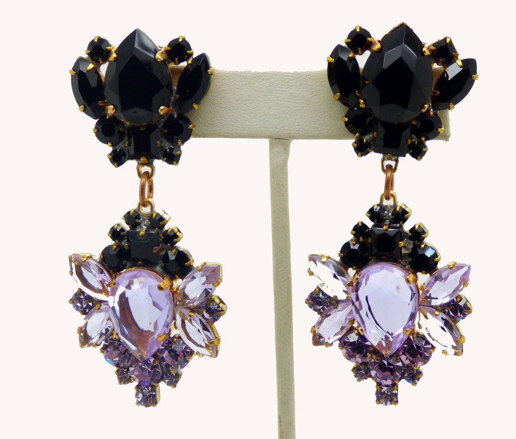 Lavender and Black Czech Glass Clip Earrings - Vintage Lane Jewelry