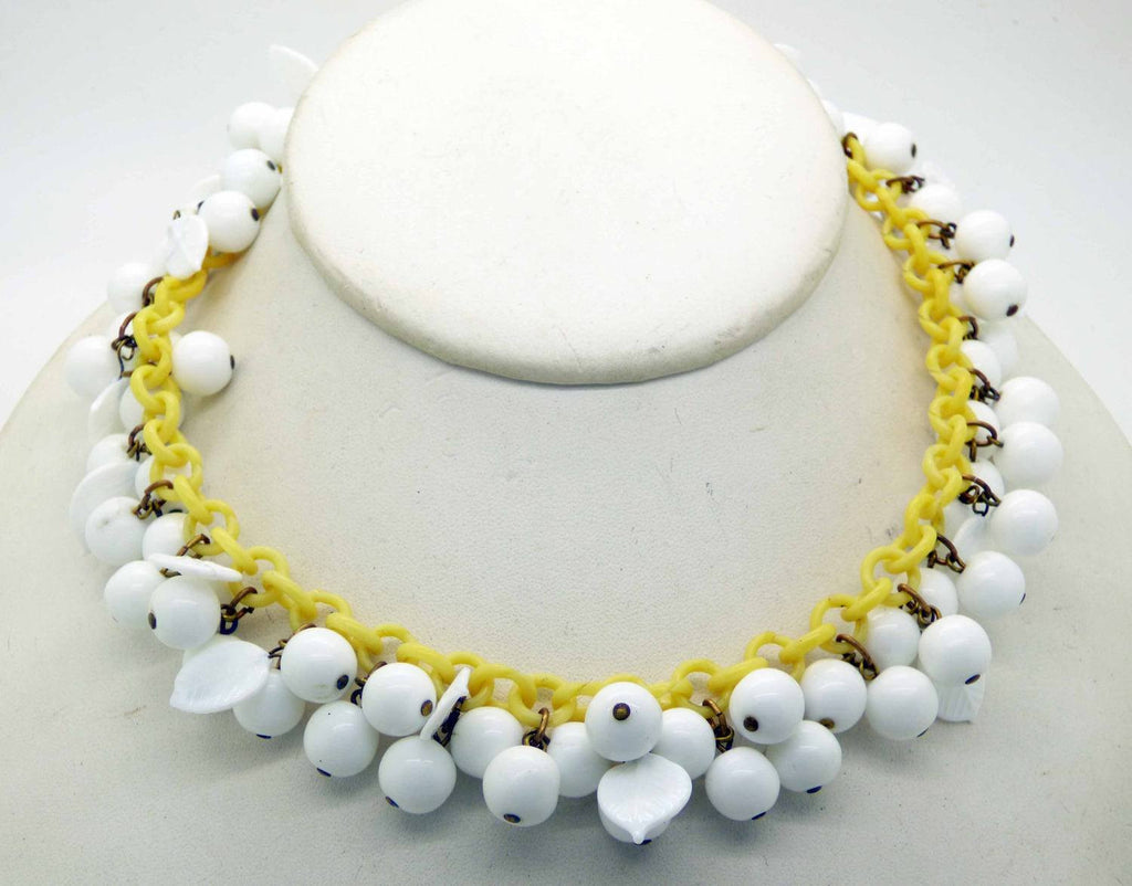 Vintage White Milk Glass Beads and Leaves Dangle Celluloid Plastic Chain Necklace - Vintage Lane Jewelry