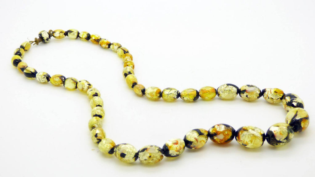 Art Deco Vintage Venetian Murano Black and Gold Foil Glass Beads Necklace - Vintage Lane Jewelry