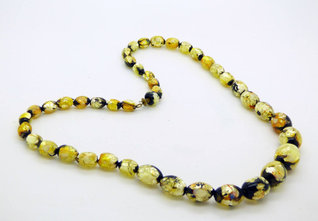 Art Deco Vintage Venetian Murano Black and Gold Foil Glass Beads Necklace - Vintage Lane Jewelry