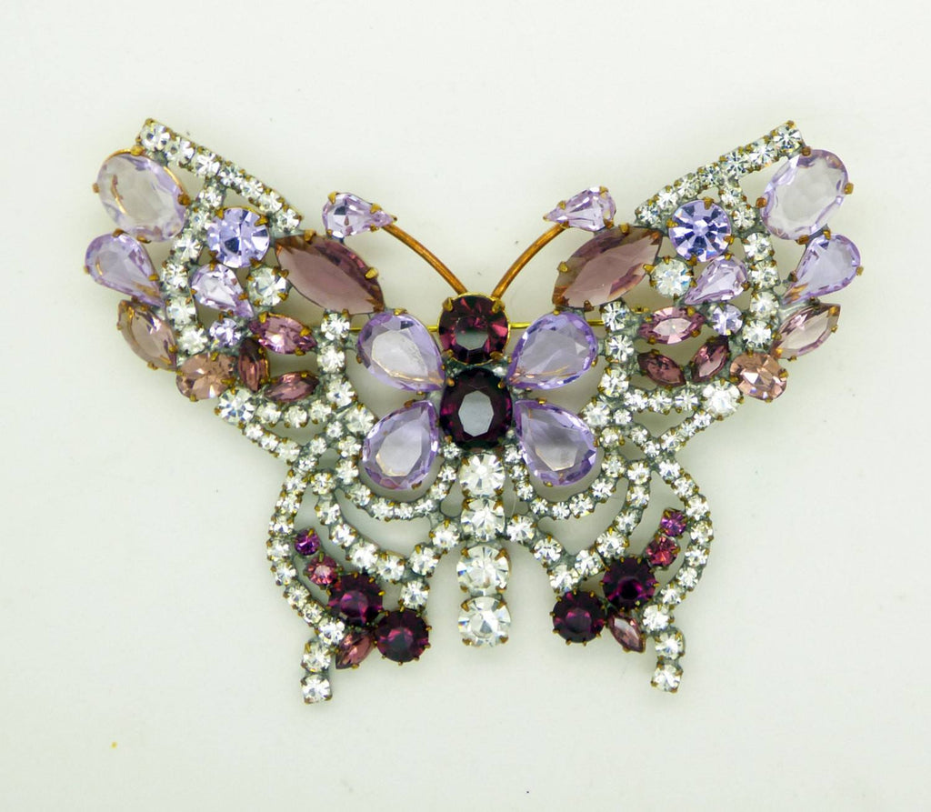 Huge Czech Glass Purple, Lavender and Clear Rhinestone Butterfly Brooch - Vintage Lane Jewelry