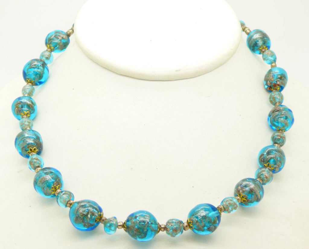 Vintage Art Deco Venetian Blue Murano Glass with Adventurine Necklace - Vintage Lane Jewelry