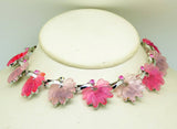 Vintage Pink Carved Lucite Rhinestone Necklace and Clip Earrings - Vintage Lane Jewelry