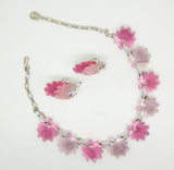 Vintage Pink Carved Lucite Rhinestone Necklace and Clip Earrings - Vintage Lane Jewelry
