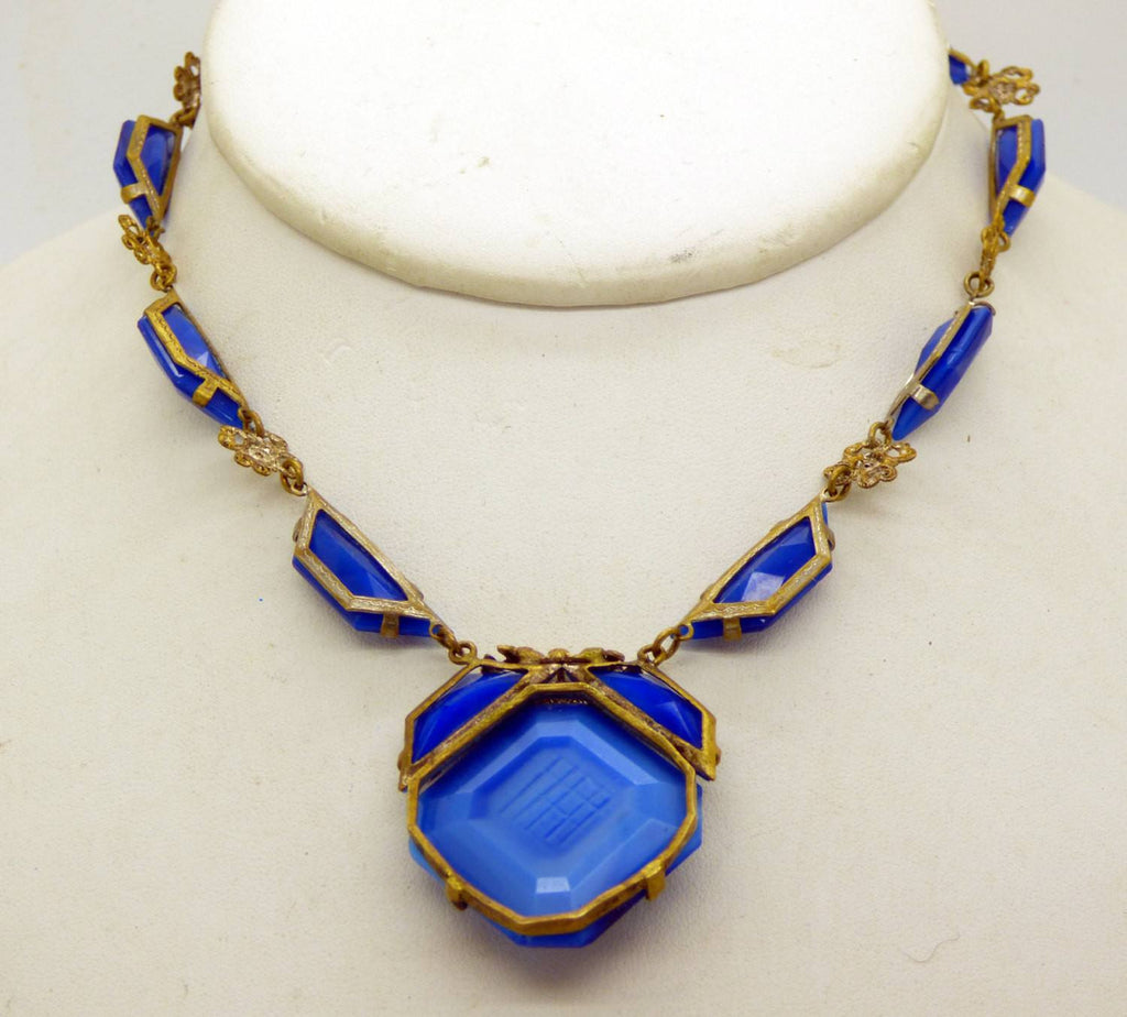 Antique Art Deco Gilt Brass Iridescent Blue Faceted Czech Glass Necklace - Vintage Lane Jewelry