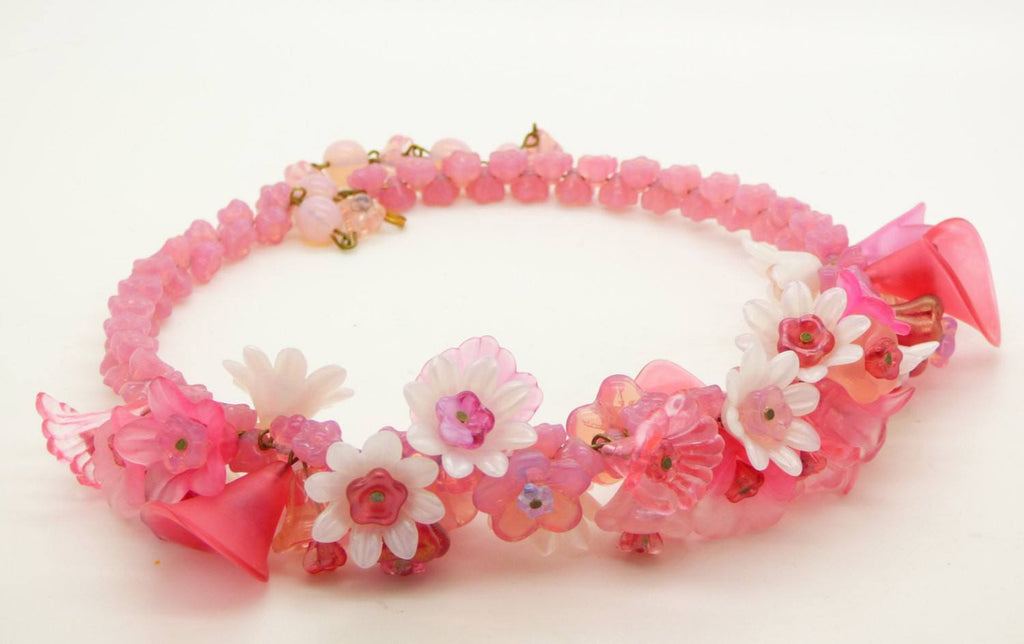 Pink Glass Bell flower and Lucite Flower Choker - Vintage Lane Jewelry