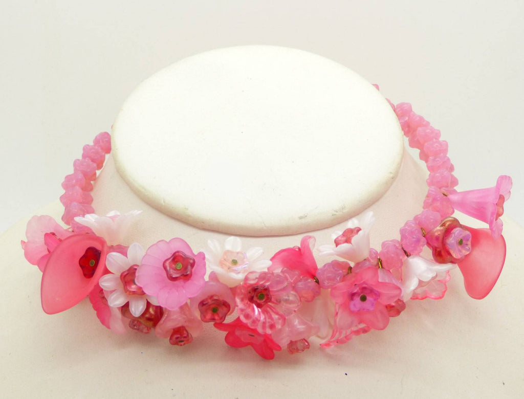 Pink Glass Bell flower and Lucite Flower Choker - Vintage Lane Jewelry