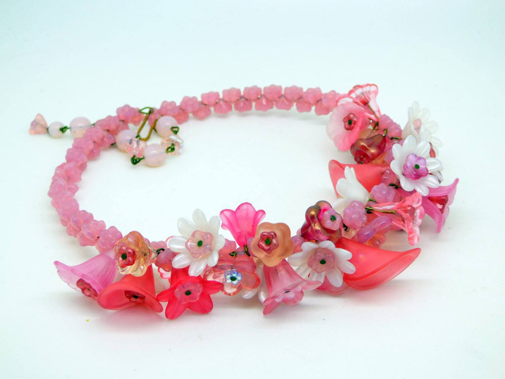 Pink Glass Bell flower and Lucite Flower Choker - Vintage Lane Jewelry