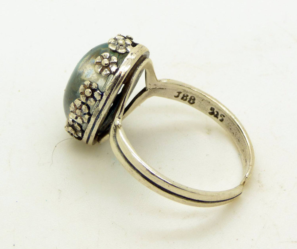 Oval Mood Ring Sterling Silver Filigree Flower Setting, Adjustable - Vintage Lane Jewelry