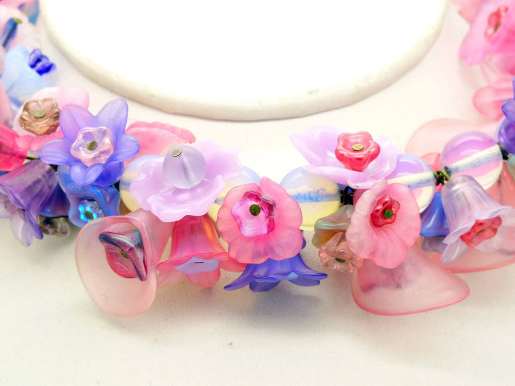 Shades of Purple and Pink Glass Bead Flower Choker, Lucite Flowers - Vintage Lane Jewelry
