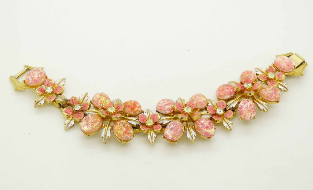 Vintage Florenza Pink Foil Enamel Rhinestone Bracelet - Vintage Lane Jewelry