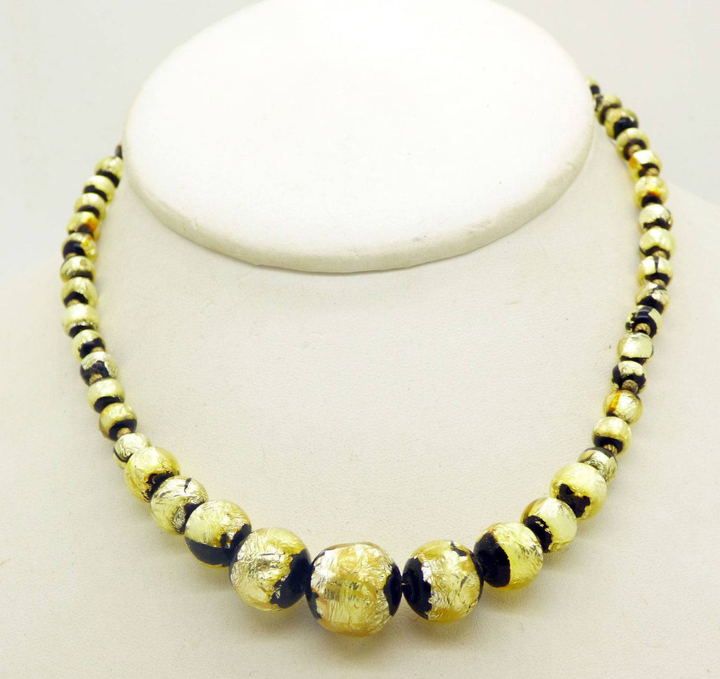Vintage Venetian Art Deco Gold Foil and Black Glass Graduated Bead Necklace - Vintage Lane Jewelry