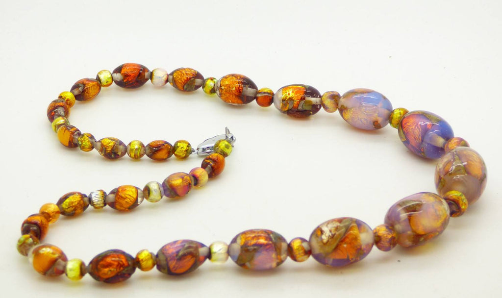 Vintage Venetian Murano Art Deco Opalescent Foil Glass Bead Necklace - Vintage Lane Jewelry