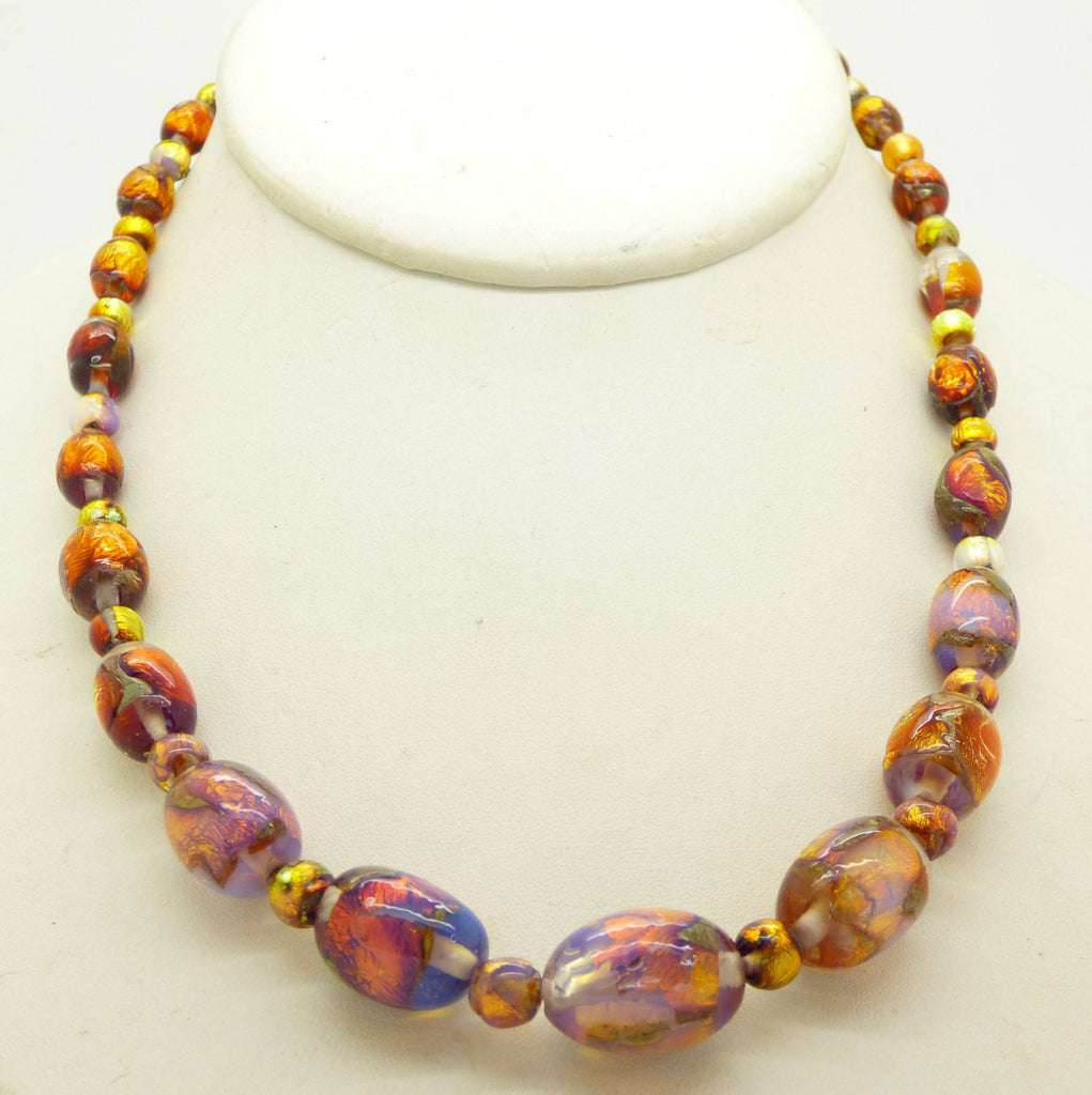 Vintage Venetian Murano Art Deco Opalescent Foil Glass Bead Necklace - Vintage Lane Jewelry