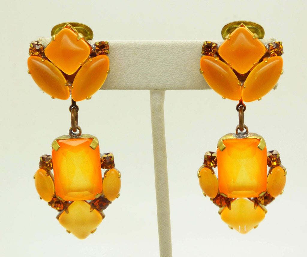 Czech Orange Neon Clip Earrings - Vintage Lane Jewelry