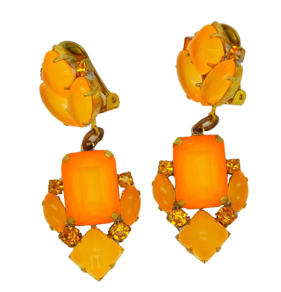 Czech Orange Neon Clip Earrings - Vintage Lane Jewelry