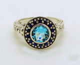 Aquamarine and Blue Sapphire Sterling Silver Art Deco Poison Ring, Size 6 - Vintage Lane Jewelry