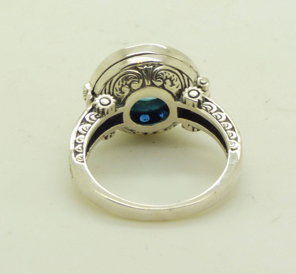 Aquamarine and Blue Sapphire Sterling Silver Art Deco Poison Ring, Size 6 - Vintage Lane Jewelry