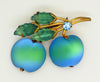 Austria Double Teal Blue Cherries Frosted Glass Fruit Brooch - Vintage Lane Jewelry