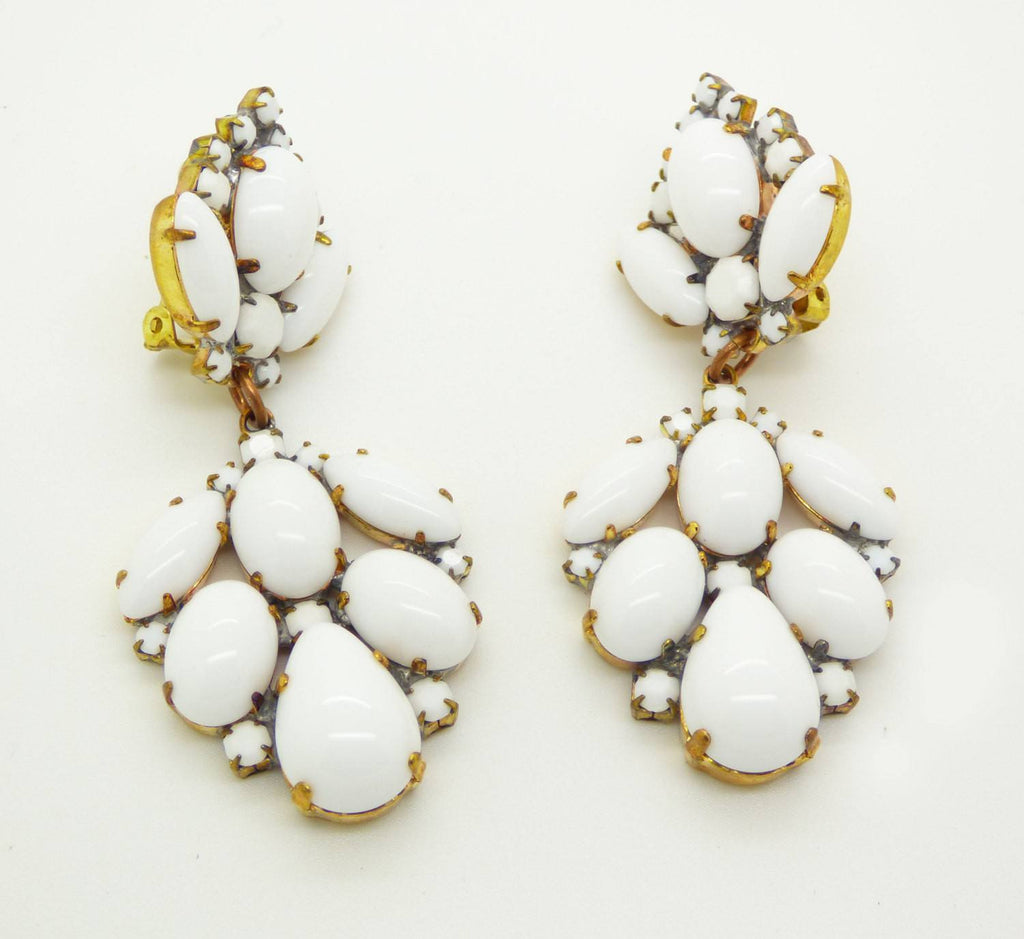 Czech Glass Opaque White Glass Stones Large Dangling Clip Earrings - Vintage Lane Jewelry
