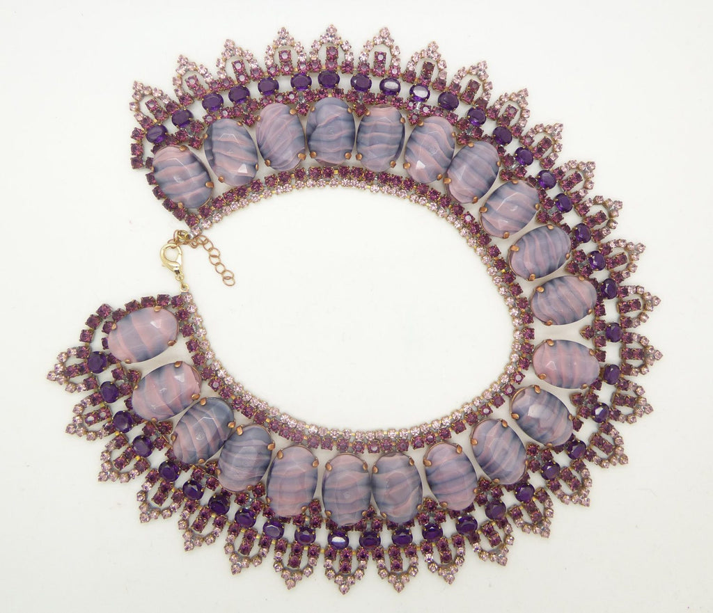 Husar D. Dark Purple and Lavender Glass Bib Style Collar Necklace, Statement Necklace - Vintage Lane Jewelry