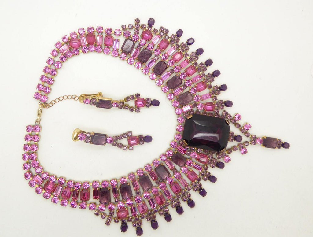 Husar D. Czech Glass Purple and Hot Pink Statement Necklace and Clip Earring Set - Vintage Lane Jewelry