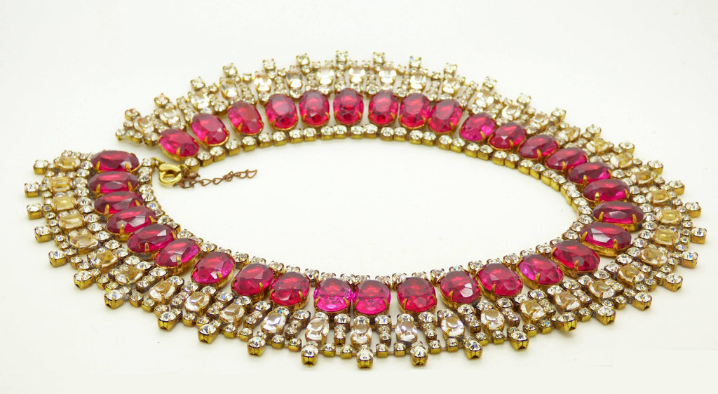 Fuchsia and Clear Stones Czech Rhinestone Bib Necklace - Vintage Lane Jewelry