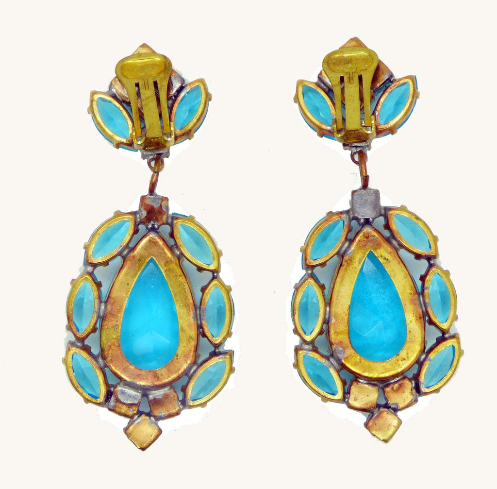 Aqua Czech Glass Huge Dangling Clip Earrings - Vintage Lane Jewelry