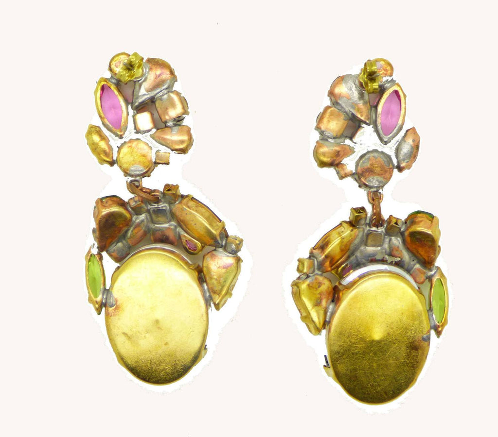 Czech Glass Watermelon Vitrail Dangle Pierced Style Earrings, Rhinestone - Vintage Lane Jewelry