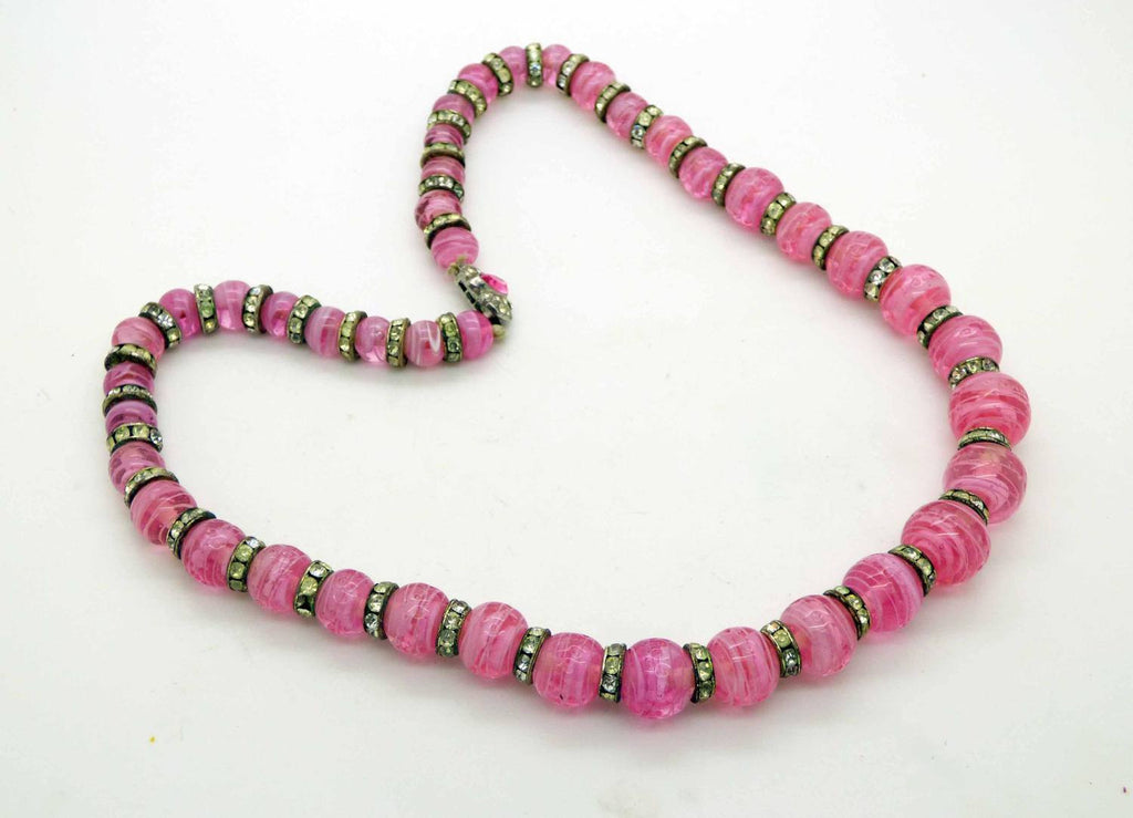 Art Deco Rondelle Rhinestone Givre Art Glass Bead Pink Rose Quartz Necklace - Vintage Lane Jewelry
