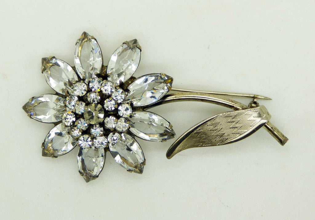 Vintage Schrager Clear Rhinestone Flower Brooch - Vintage Lane Jewelry