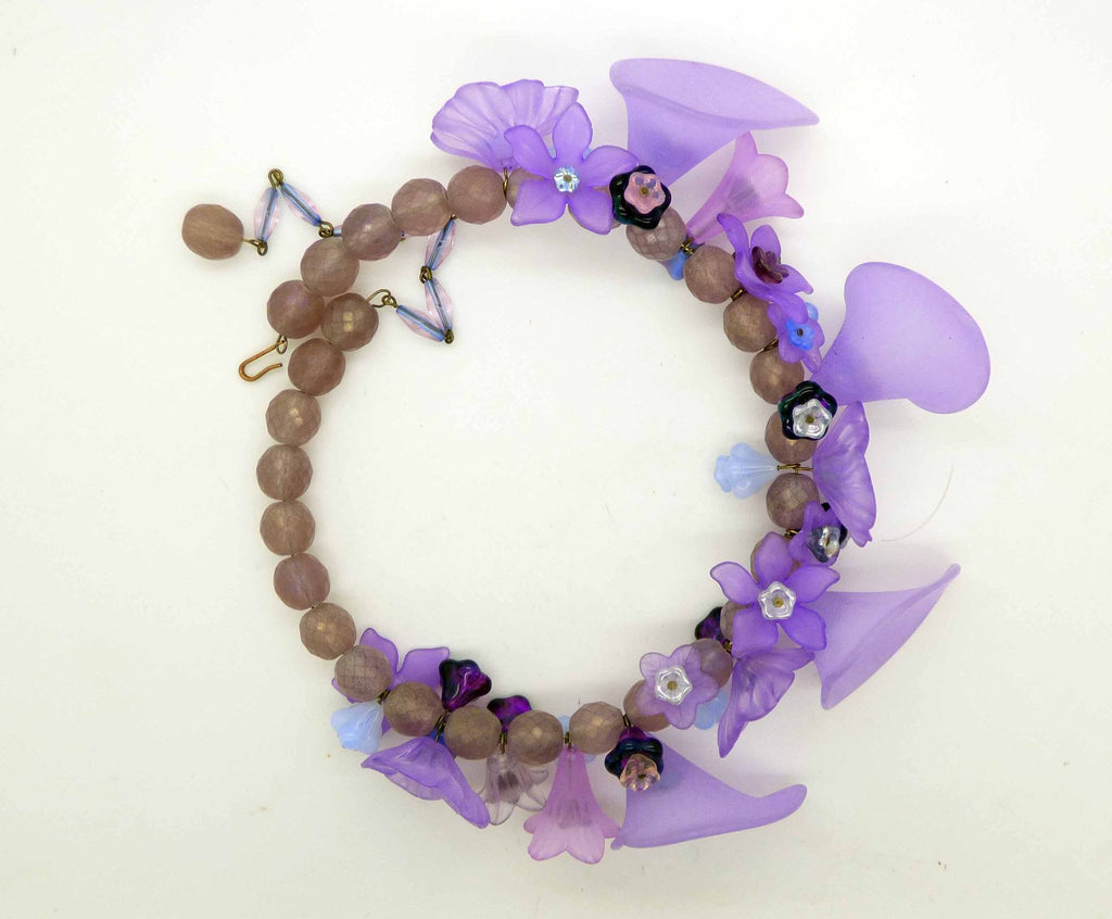 Purple Lucite Flowers and Glass Beads Necklace, Shades of Lavender Glass - Vintage Lane Jewelry