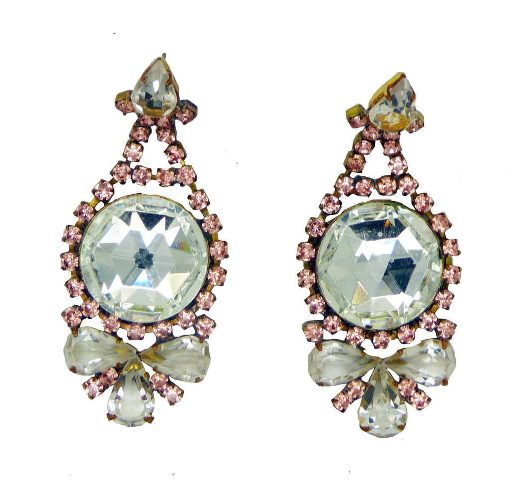 Pale Pink and Clear Rhinestone Bow Pierced Style Czech Earrings - Vintage Lane Jewelry