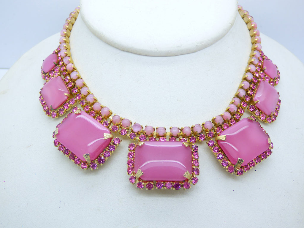 Vintage Juliana D & E Pink Moonstone Rhinestone Parure, Necklace, Bracelet, Clip Earrings - Vintage Lane Jewelry