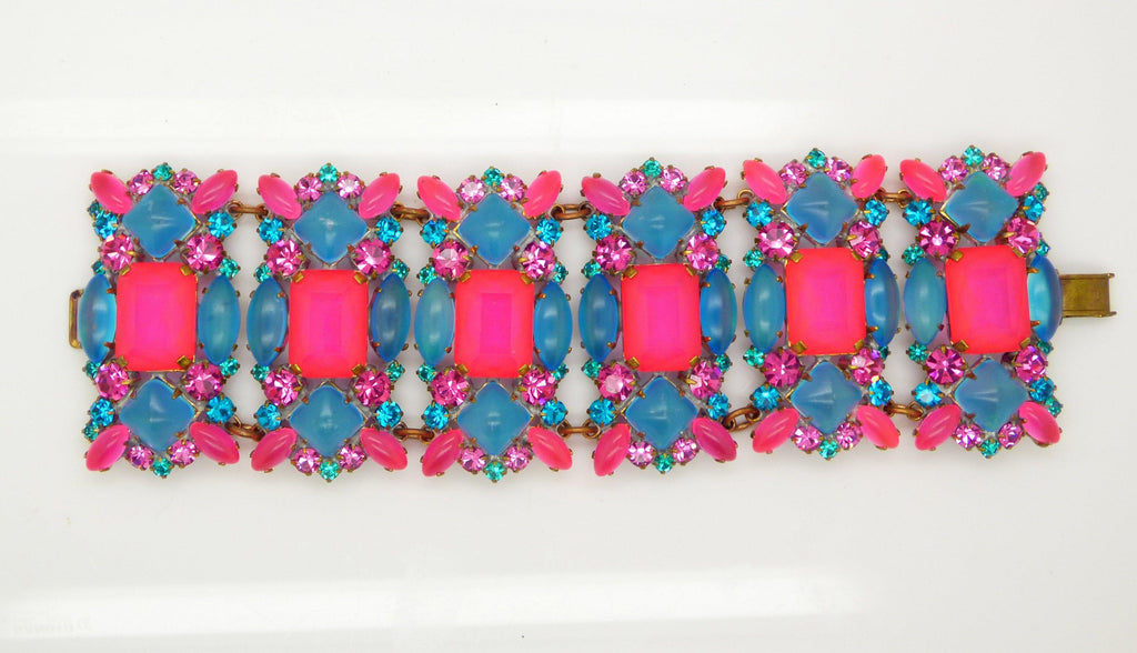 Czech Glass Neon Blue and Pink Wide Bracelet - Vintage Lane Jewelry