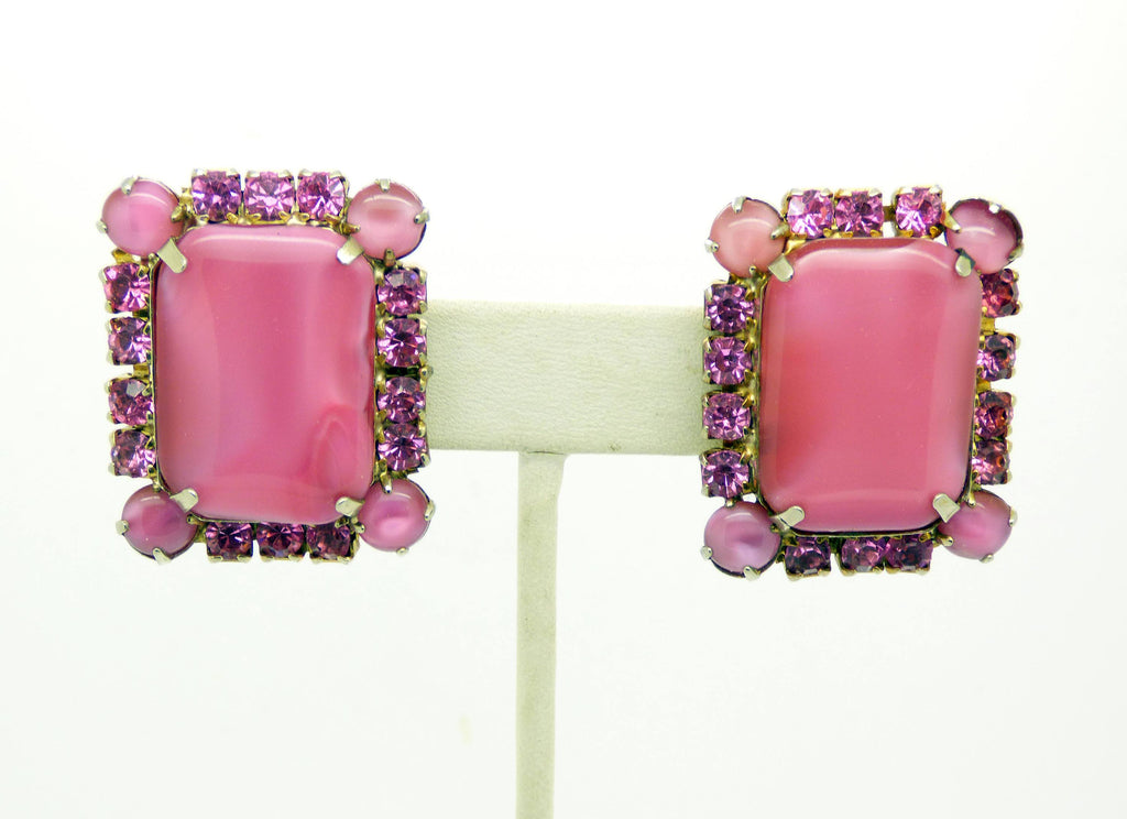 Vintage Juliana D & E Pink Moonstone Rhinestone Parure, Necklace, Bracelet, Clip Earrings - Vintage Lane Jewelry