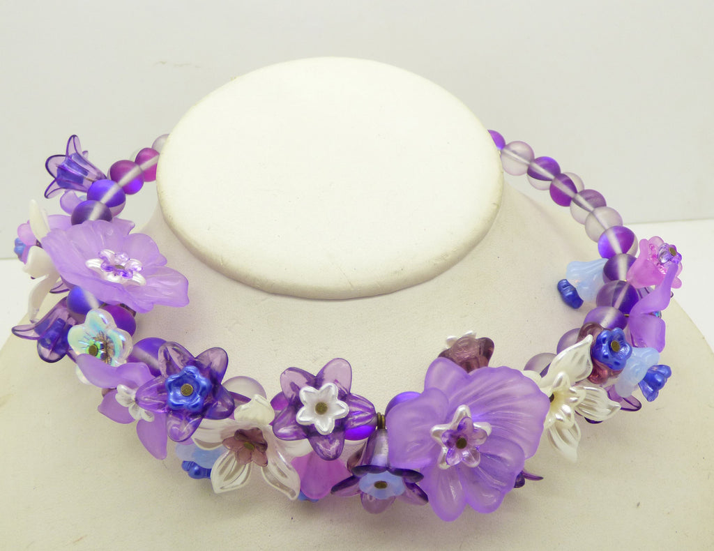 Shades of Purple Lucite Flowers and Glass Beads Necklace - Vintage Lane Jewelry