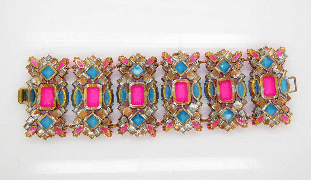 Czech Glass Neon Blue and Pink Wide Bracelet - Vintage Lane Jewelry