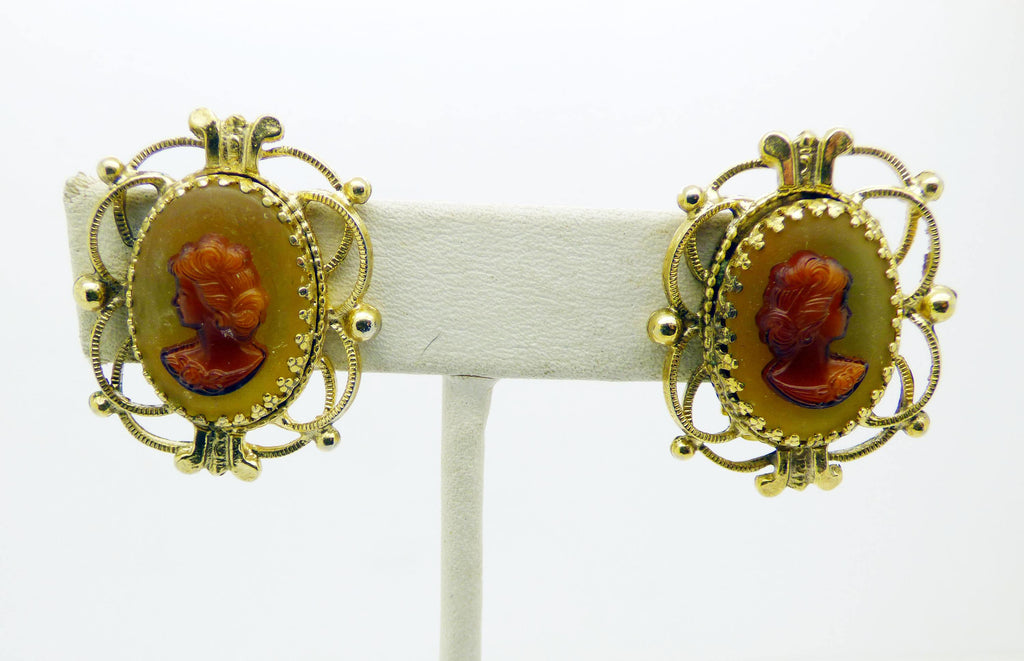 Whiting and Davis Glass Cameo Clip Earrings - Vintage Lane Jewelry