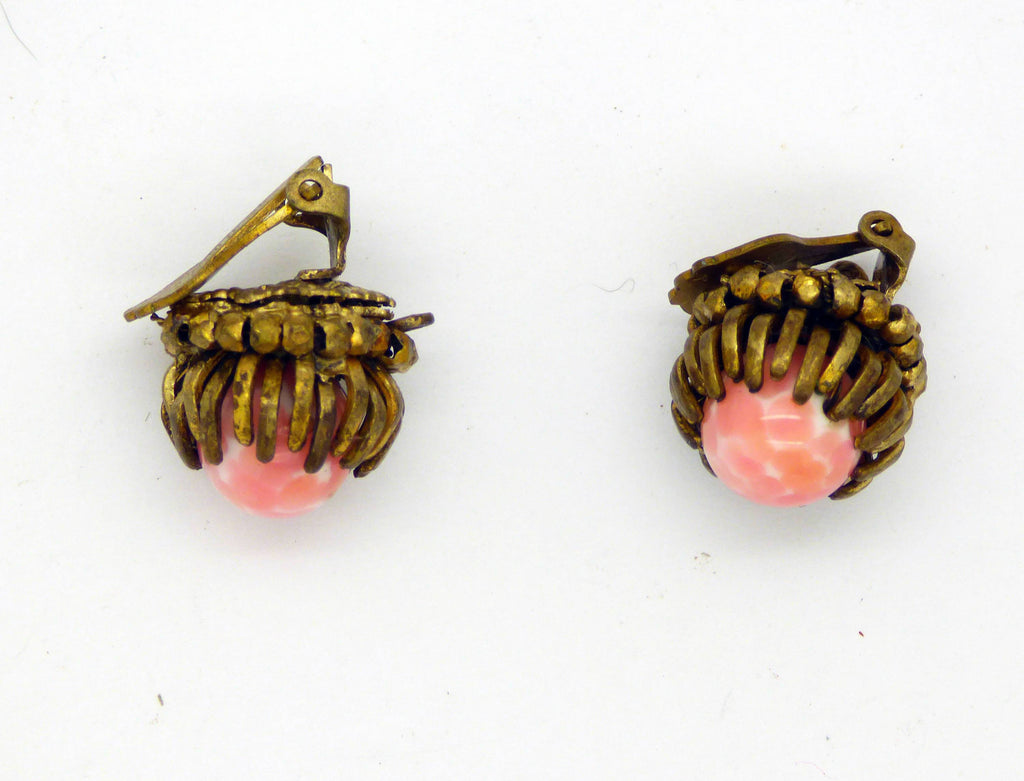 Miriam Haskell signed Mottled Pink Glass Clip Earrings - Vintage Lane Jewelry