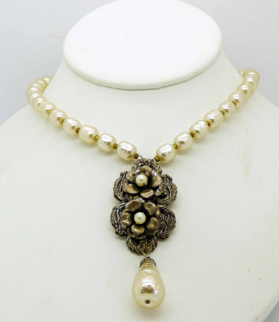 Miriam Haskell Baroque Pearl and Antiqued Silver Floral Necklace - Vintage Lane Jewelry